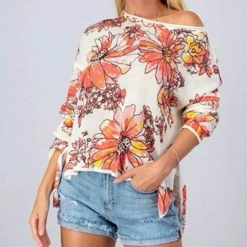 En Crème Cream Pink Floral Lightweight Hi Low Sweater Medium Spring
